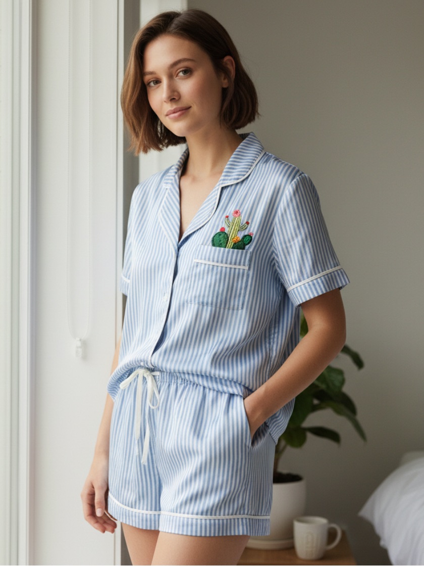 Room Service Women's Blue Striped Short Sleeve Pajama Set